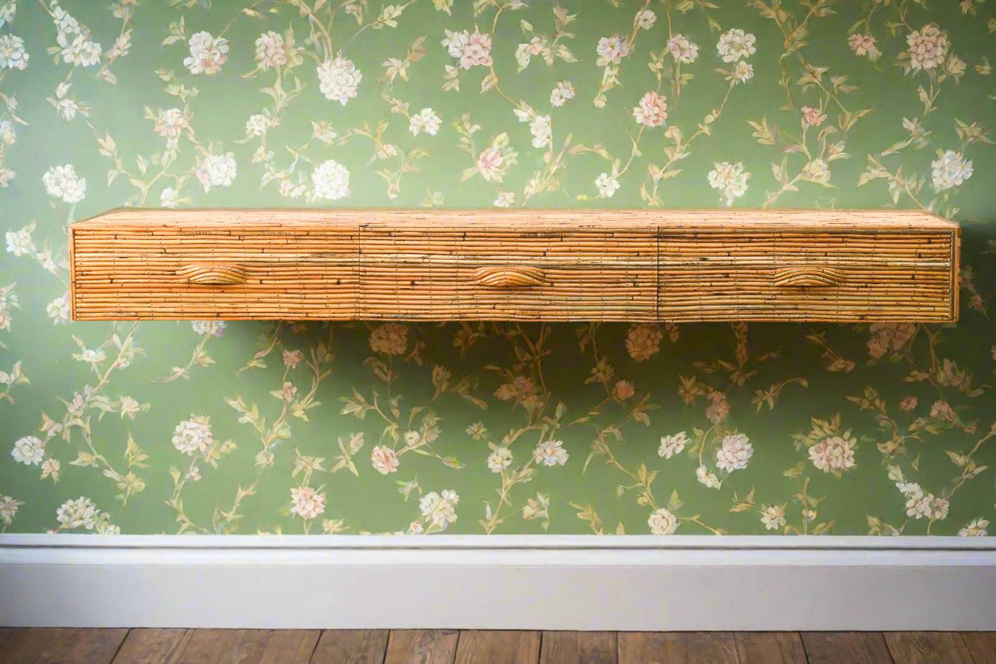 Wall Mounted Console Table 001 with Drawers, Pencil Reed Rattan, Handcrafted