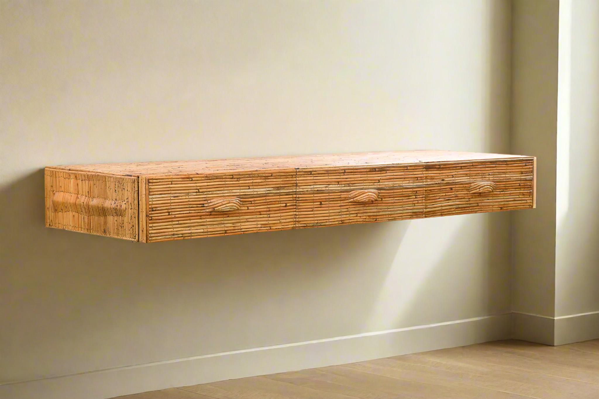 Wall Mounted Console Table 001 with Drawers, Pencil Reed Rattan, Handcrafted