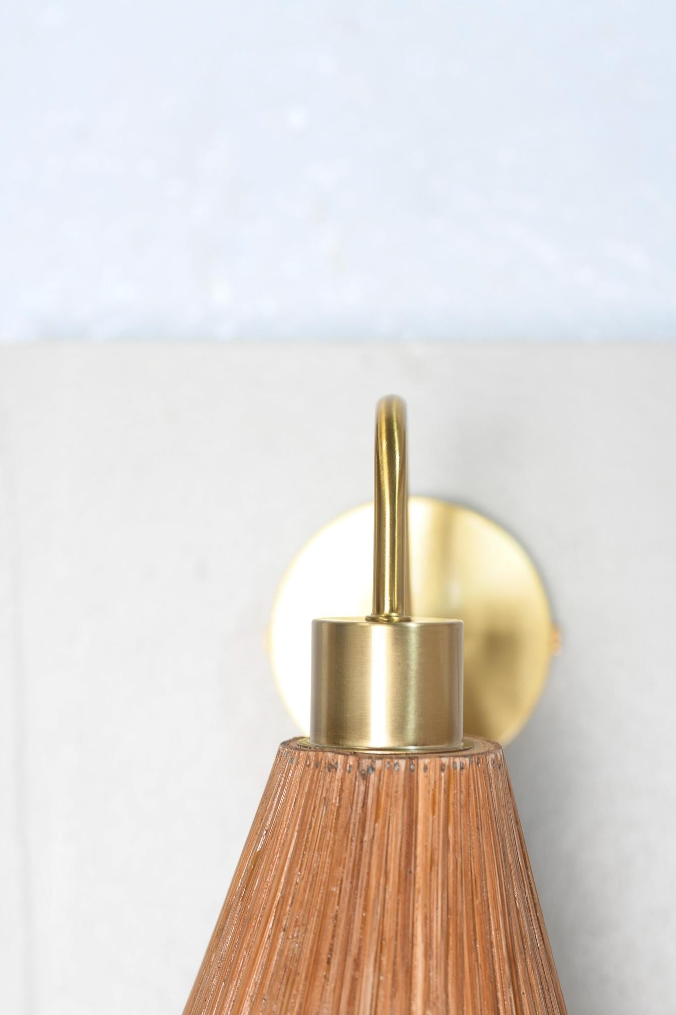 Asymetrical Cone Rattan & Brass Wall Sconce