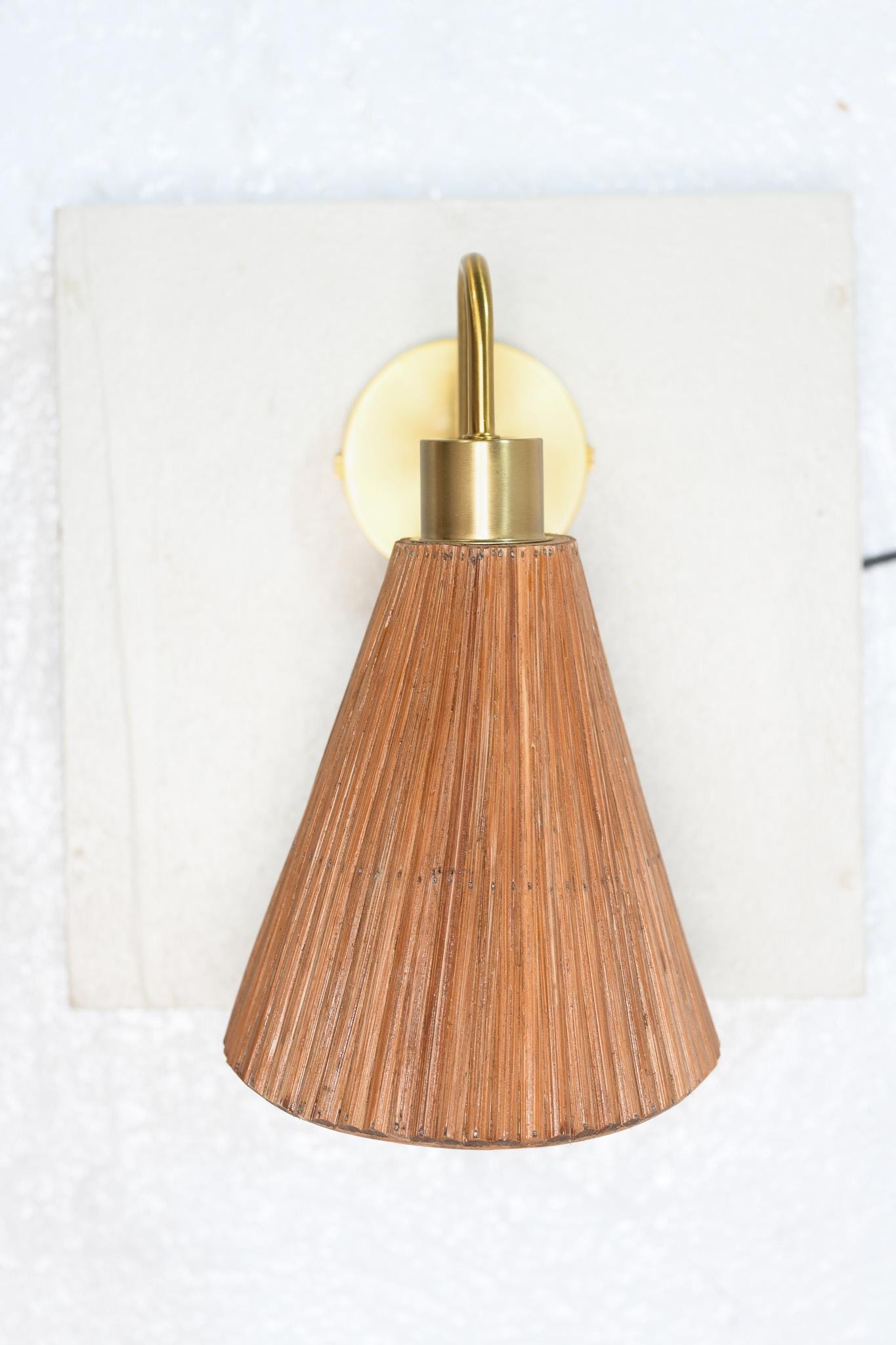 Asymetrical Cone Rattan & Brass Wall Sconce