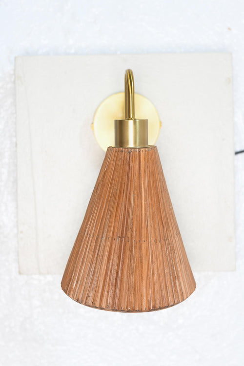 Asymetrical Cone Rattan & Brass Wall Sconce