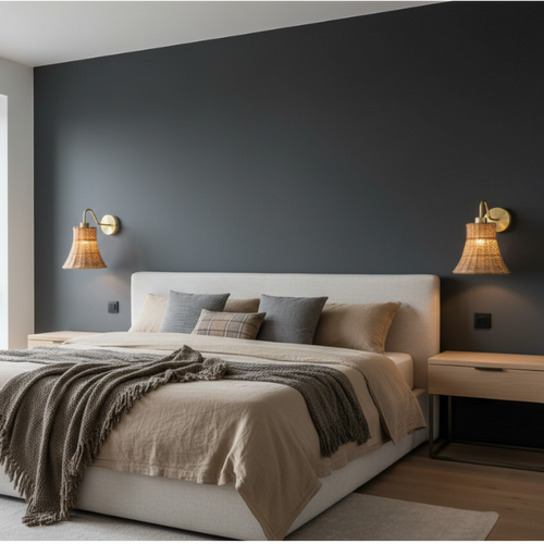 Bell- Shaped Wicker Shade & Brass Wall Lamp (Set of 2)