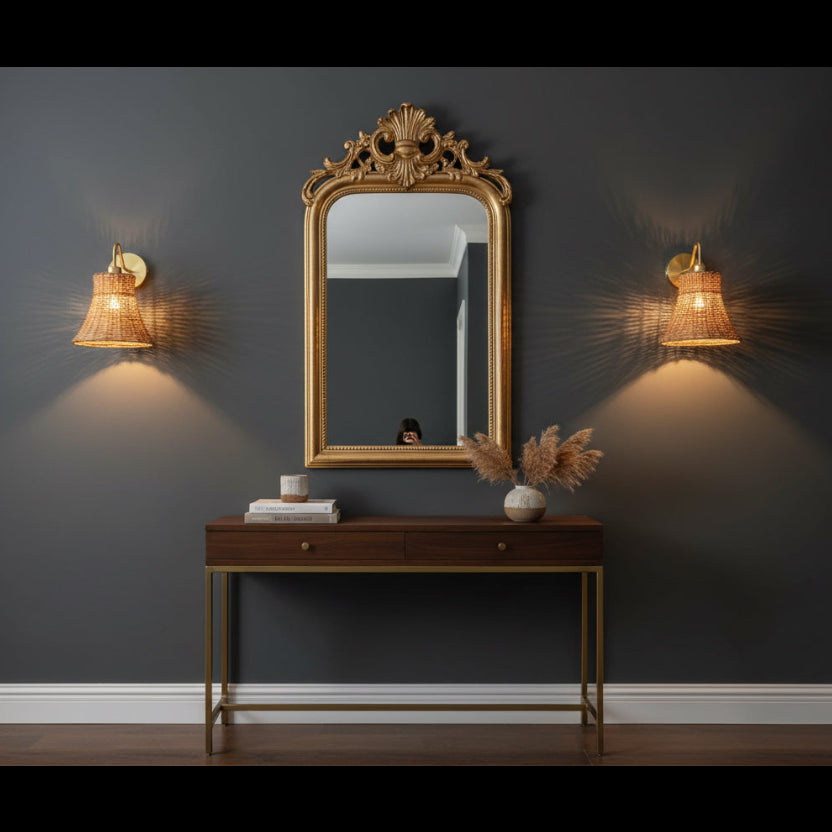 Bell- Shaped Wicker Shade & Brass Wall Lamp (Set of 2)