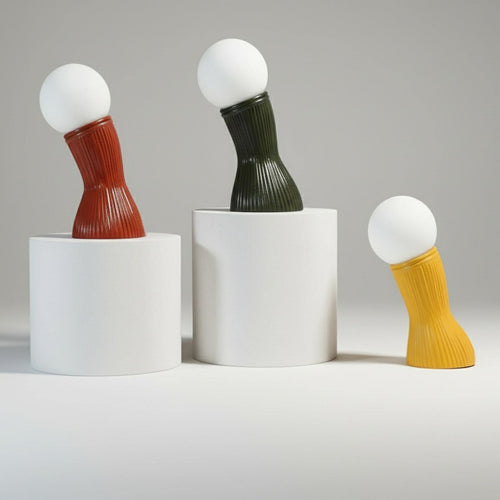 "Colours rattan table lamp in Deep Green, Brick Red and Yellow, frosted glass globe, studio white — Rattanology"