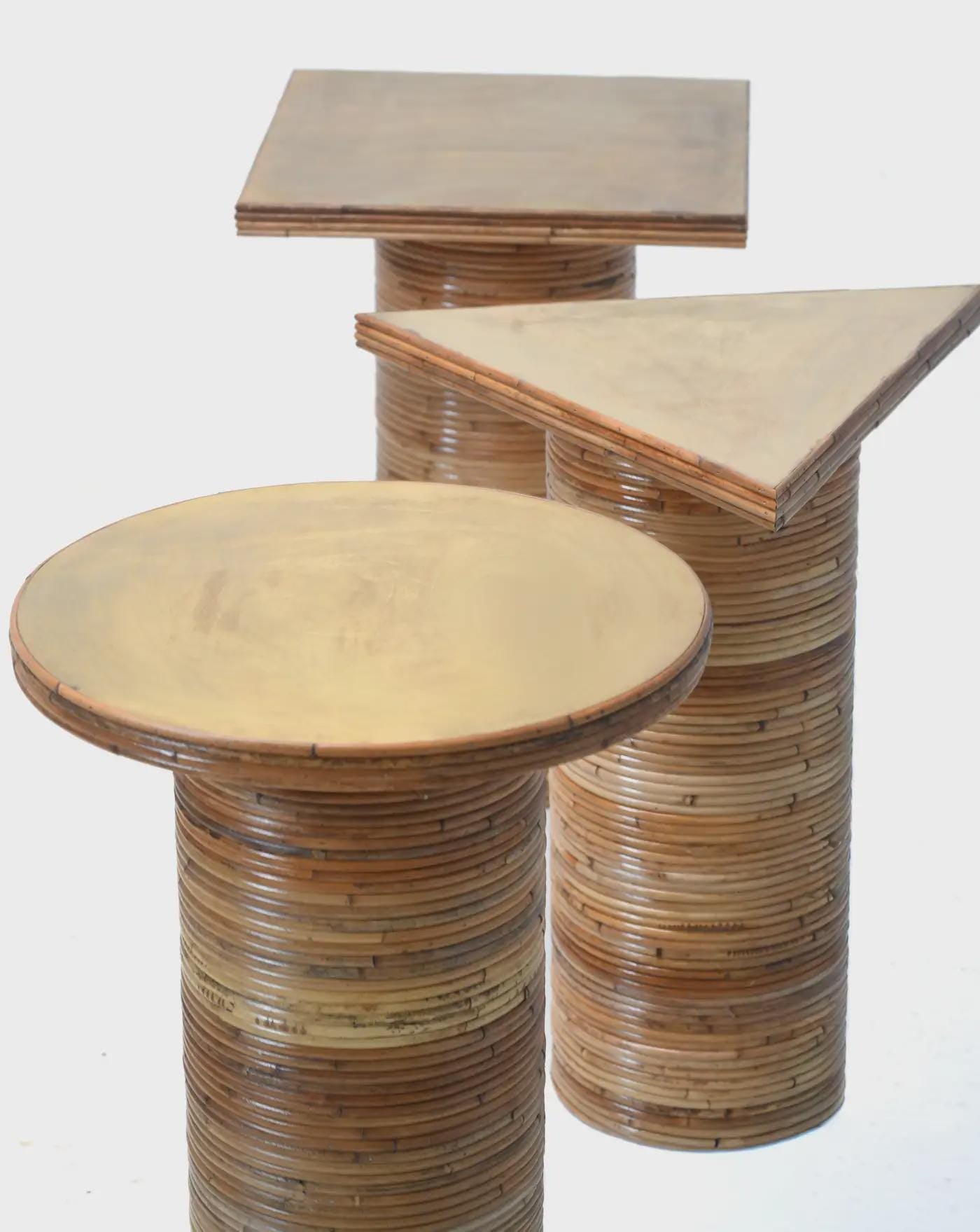 Mid-Century Rattan Brass Side Tables Set of 3 - Geometric Design | Circle Square Triangle