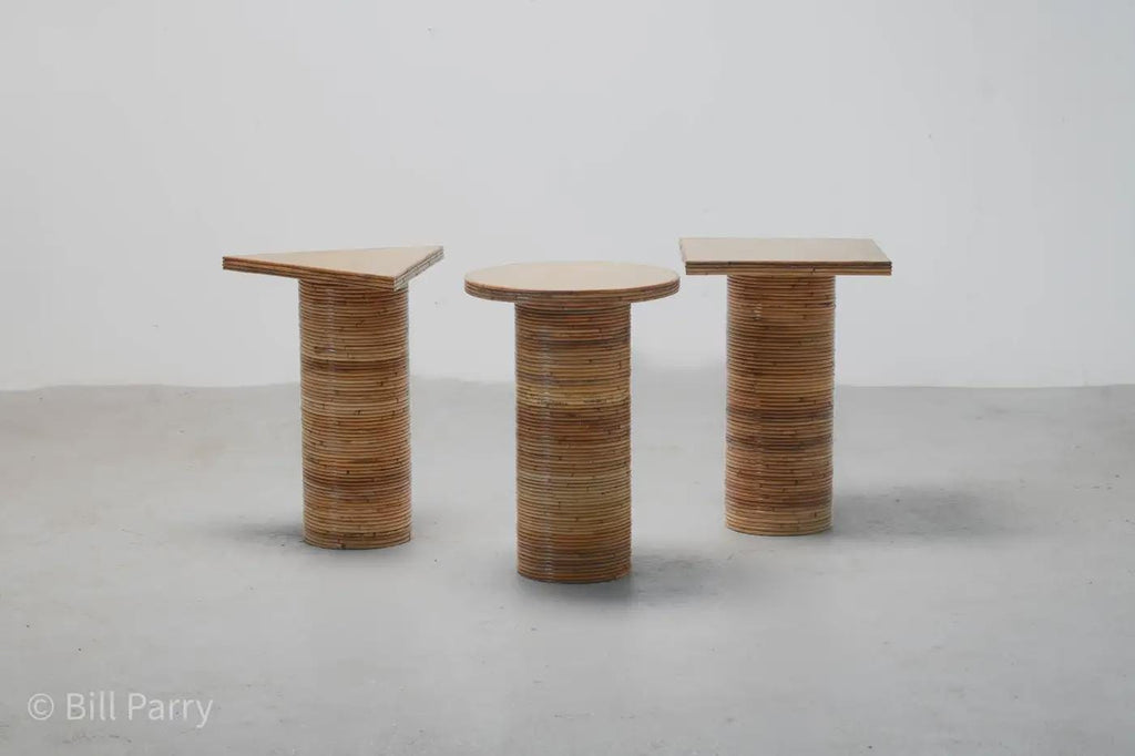 Mid-Century Rattan Brass Side Tables Set of 3 - Geometric Design | Circle Square Triangle