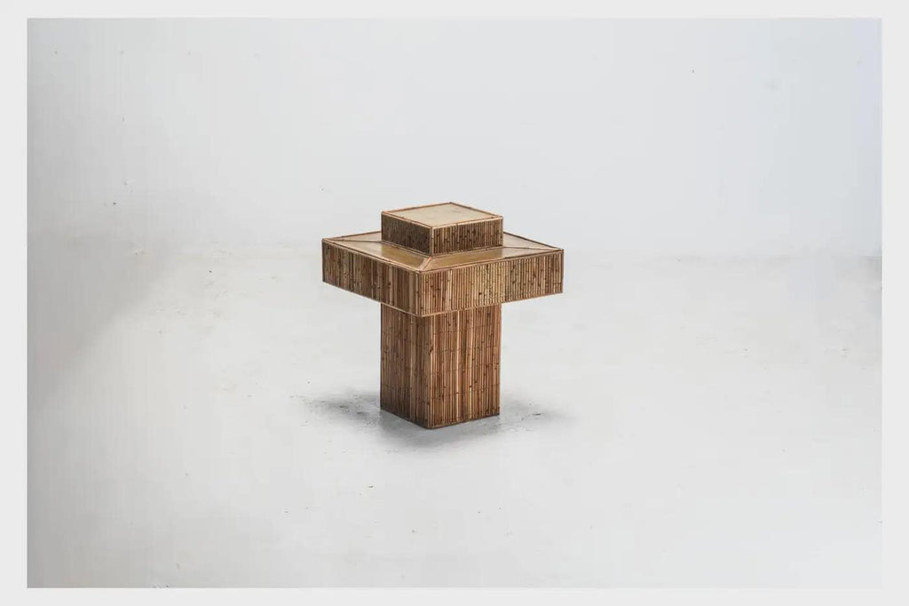 Geometric Rattan Prism Side Table with Brass Top