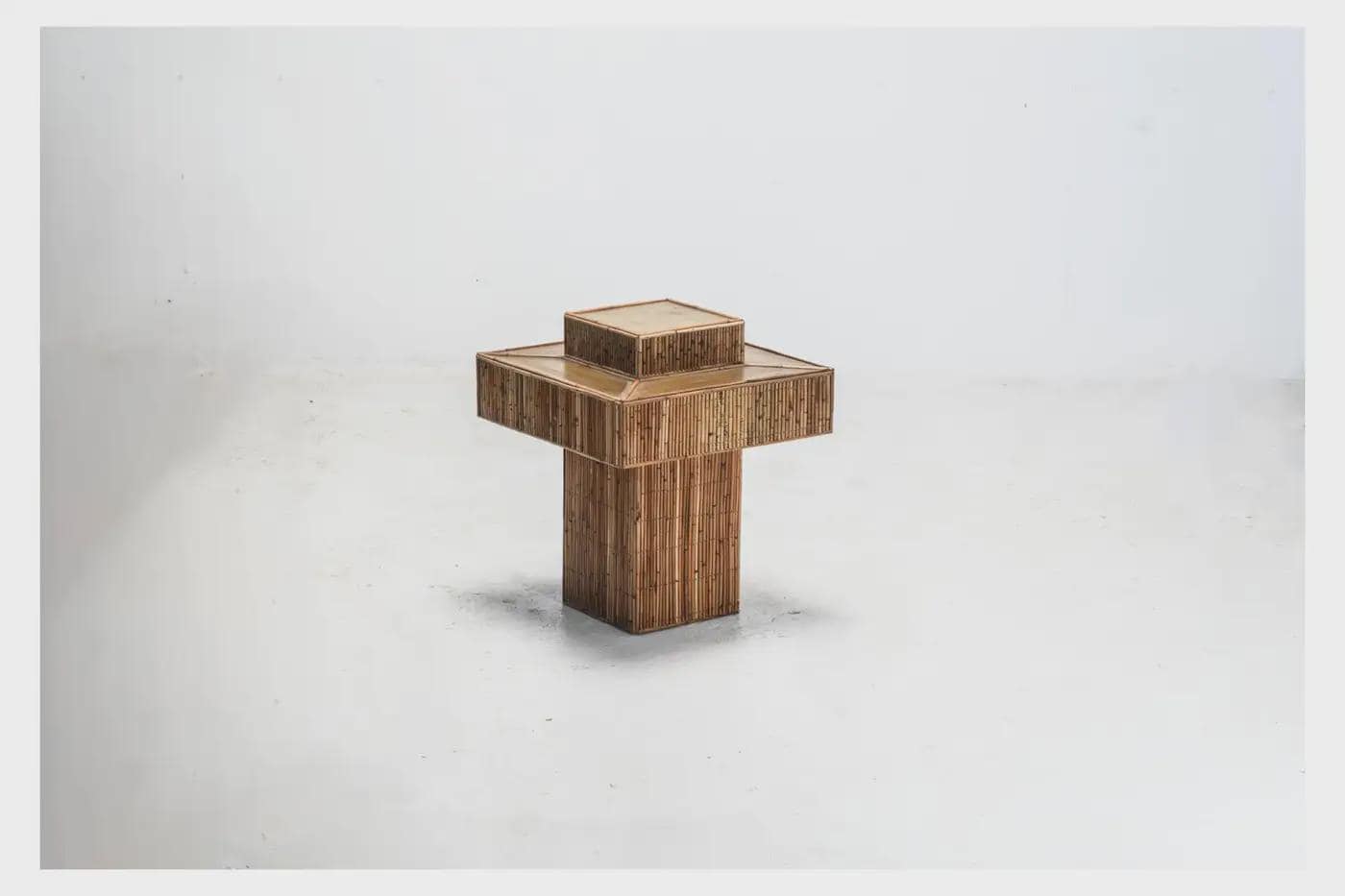 Geometric Rattan Prism Side Table with Brass Top