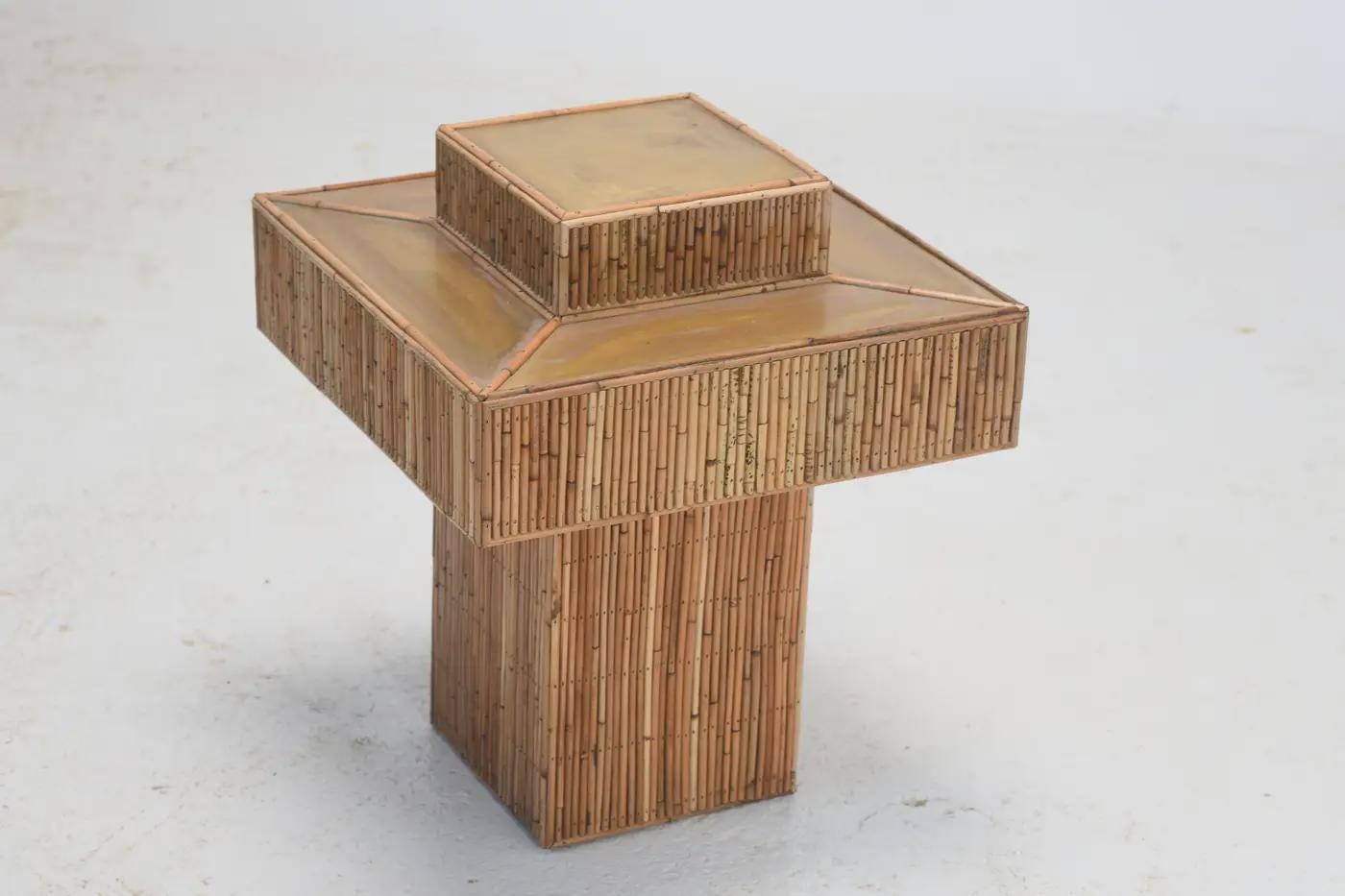 Geometric Rattan Prism Side Table with Brass Top