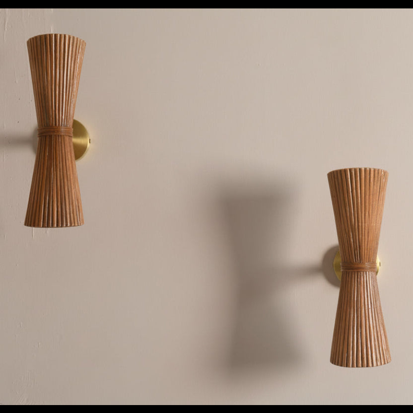 Verso Rattan Wall Sconce Pair — Side Profile, Brass Canopy Mount | Rattanology USA