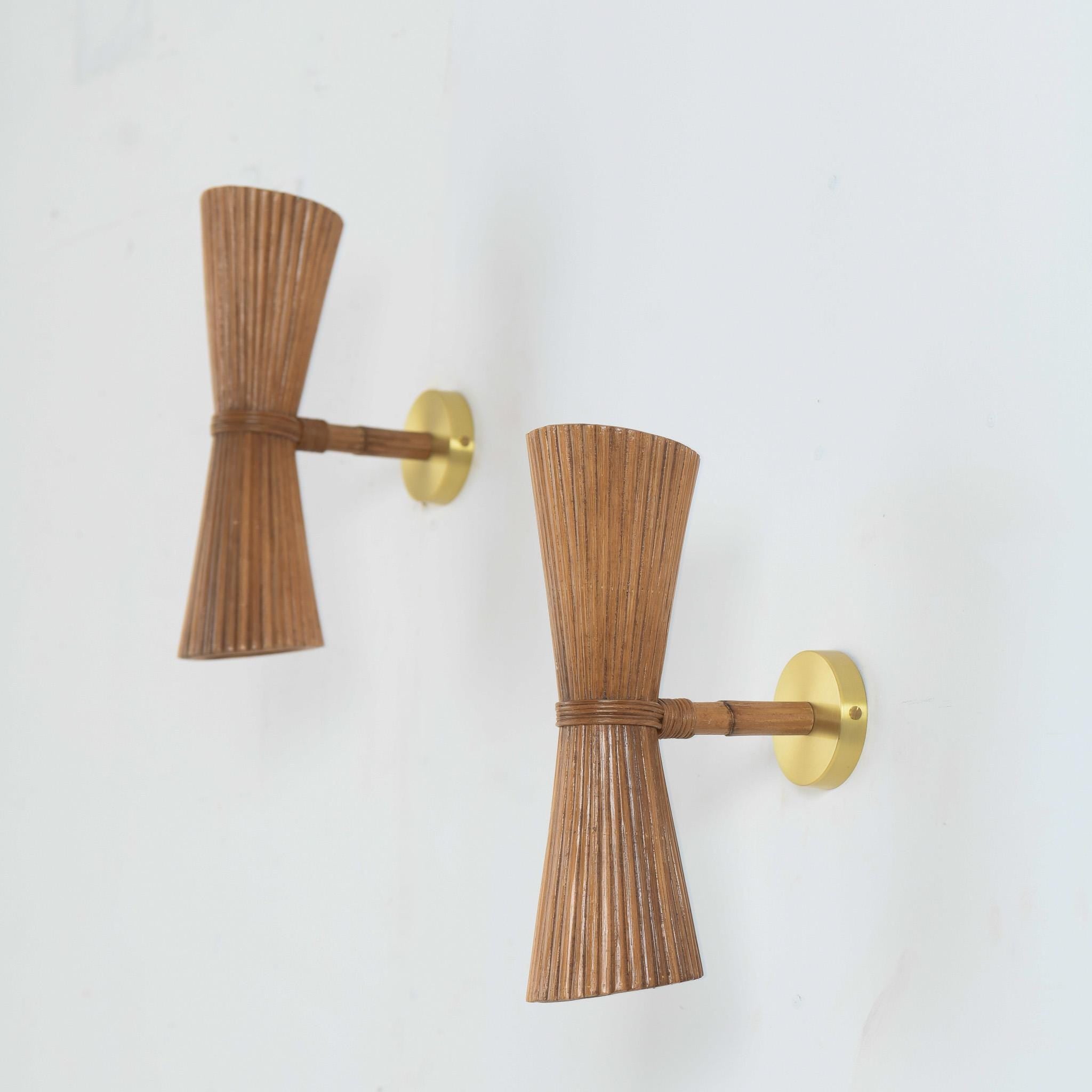 Pair of Rattan & Brass Sconce