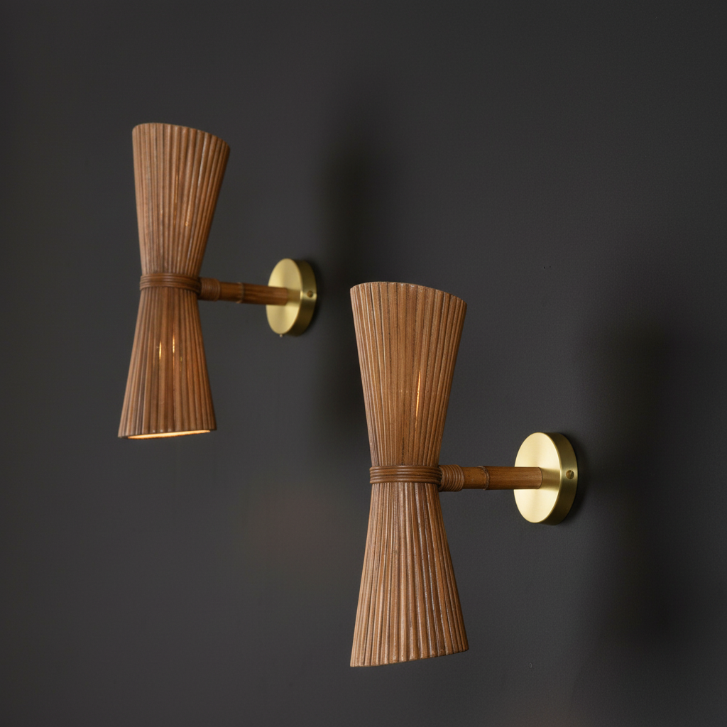 Verso Rattan Wall Sconce Pair — Front View, Dual Up-Down Light | Rattanology USA