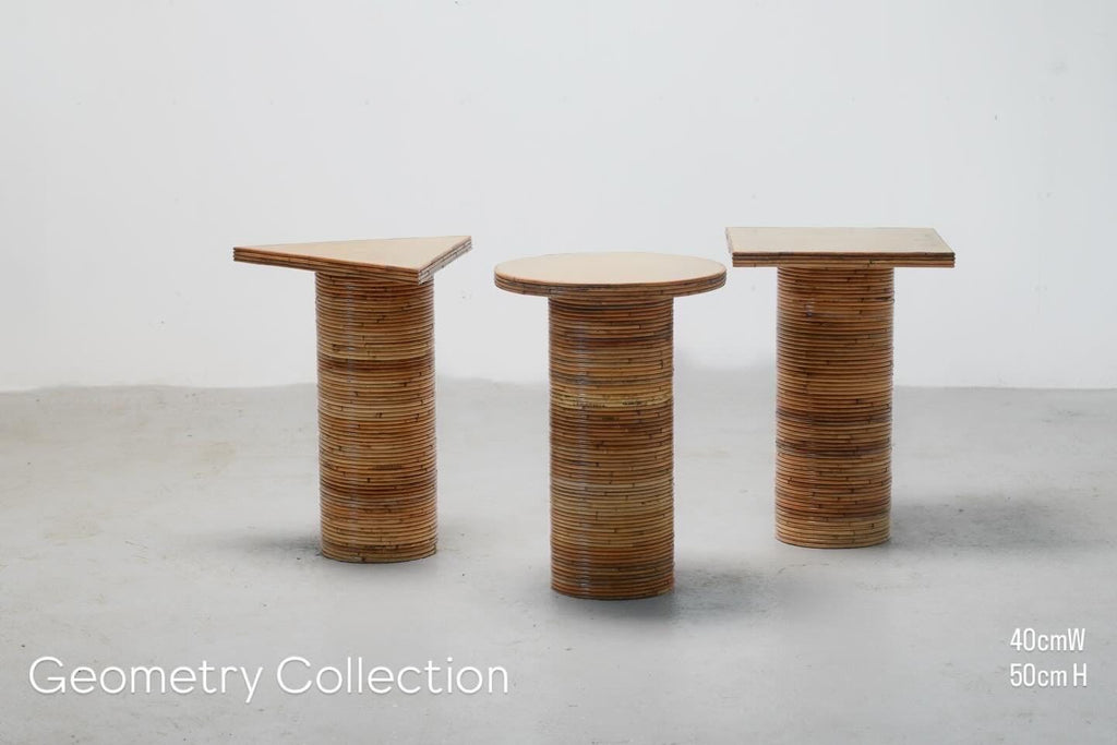 Mid-Century Rattan Brass Side Tables Set of 3 - Geometric Design | Circle Square Triangle