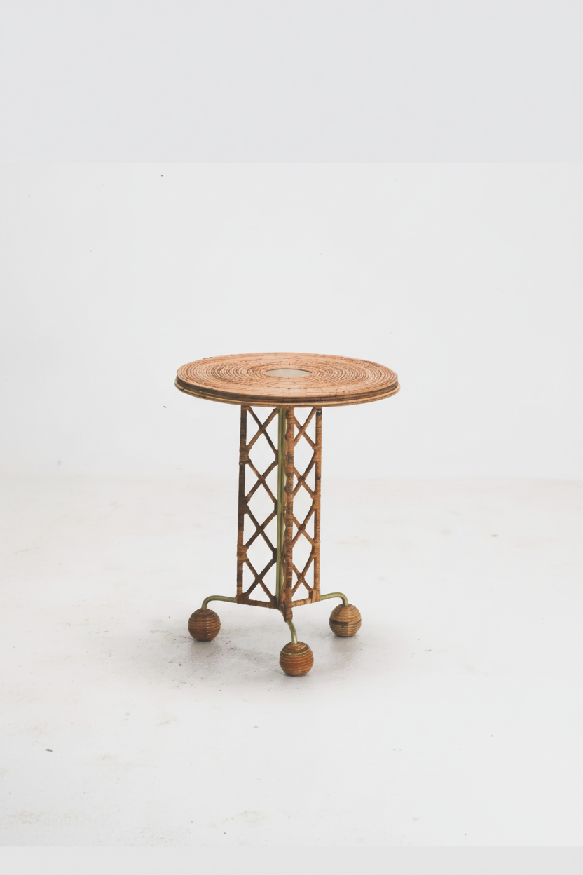 Side Table wrought Iron Rattan Whimsical Jean Royere inspired