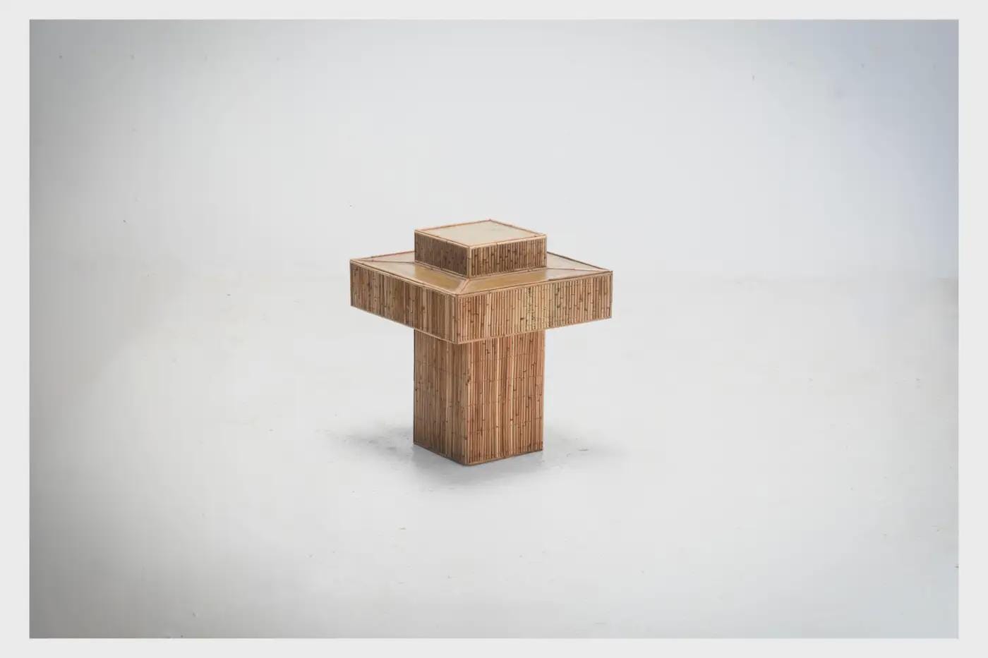 Geometric Rattan Prism Side Table with Brass Top