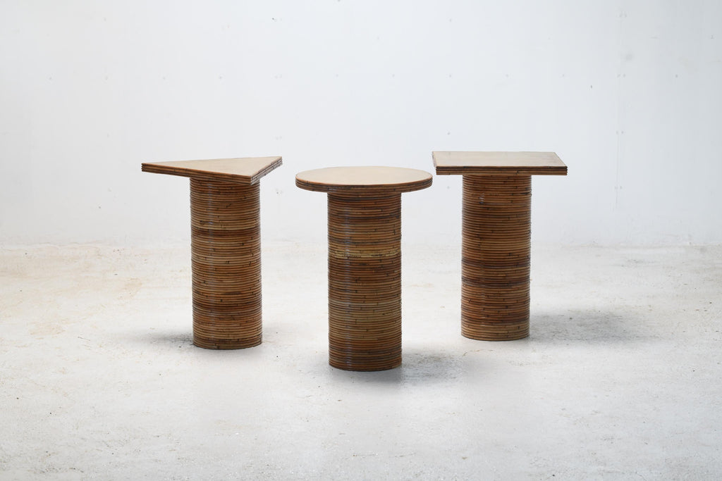 Mid-Century Rattan Brass Side Tables Set of 3 - Geometric Design | Circle Square Triangle
