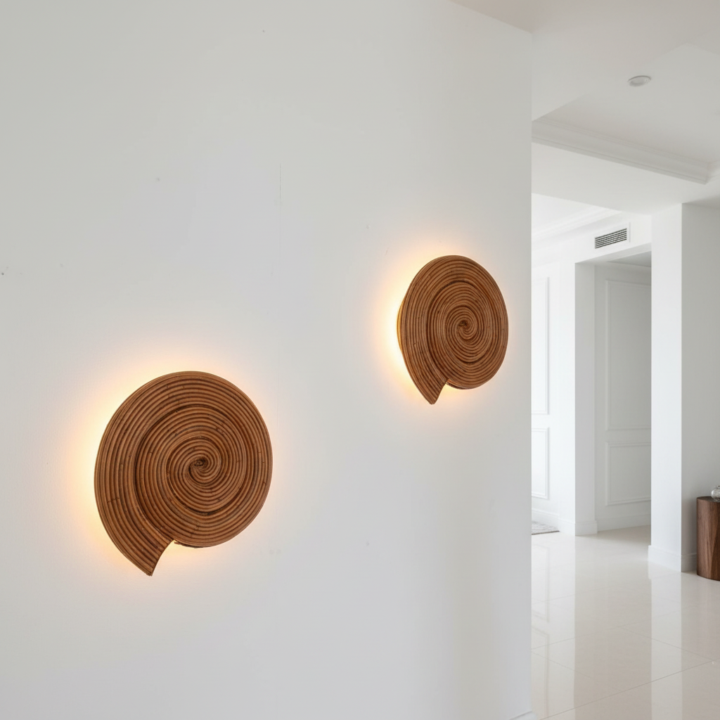 Close-up of hand-formed rattan sea shell sconce with brass accents – Rattanology