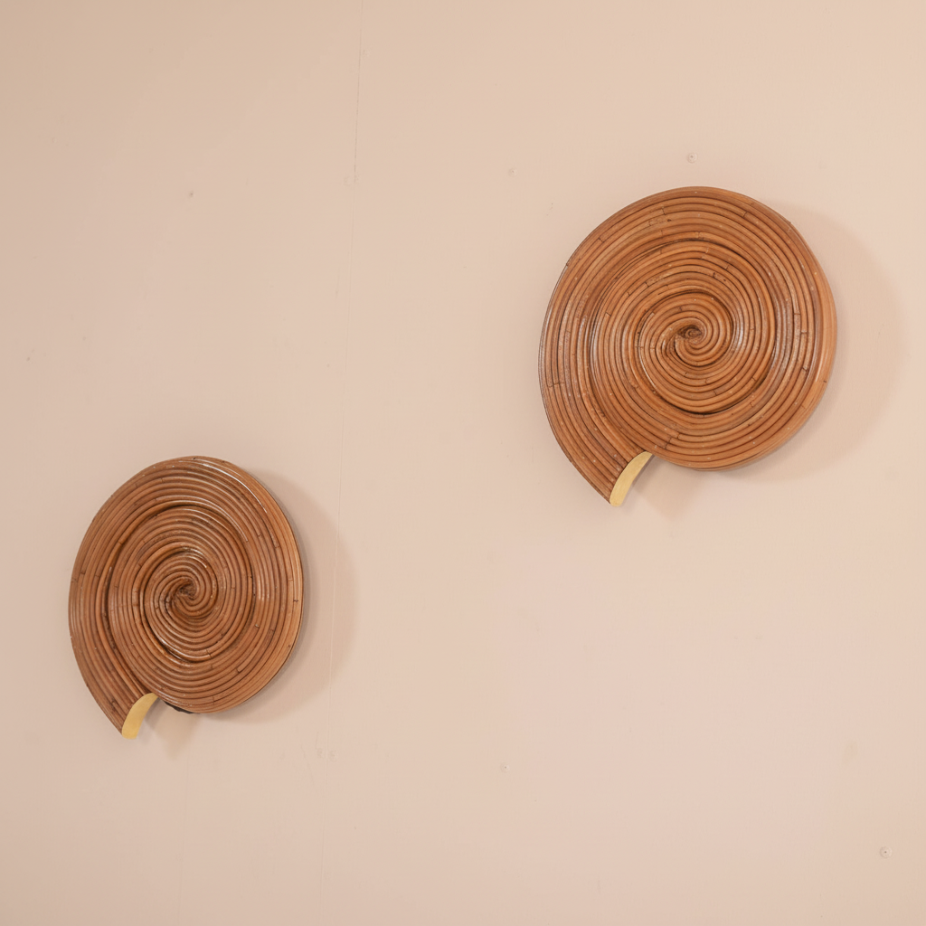 Sea Shell Rattan Wall Sconce — hand-formed spiral, natural brown, wall-mounted