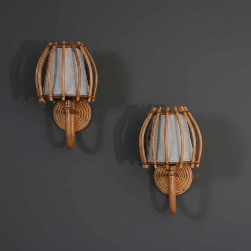 Provenance Rattan Wall Sconce Pair — handwoven natural rattan, curved arm, natural brown