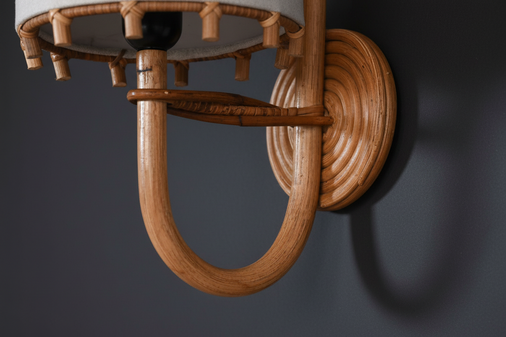Provenance Rattan Wall Sconce — side profile, bent rattan arm detailing, warm diffused light