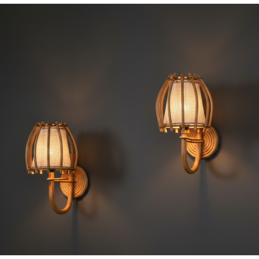 Provenance Rattan Wall Sconce — side profile, bent rattan arm, warm diffused light