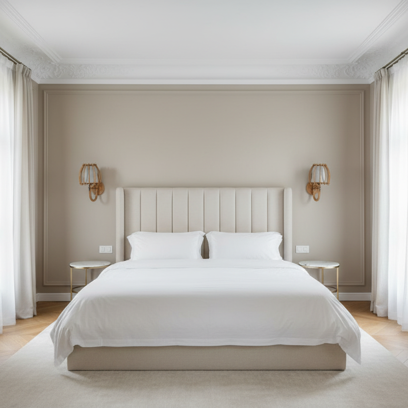 Provenance Wall Sconce — pair shown flanking wall, soft fabric inner shade, ambient glow