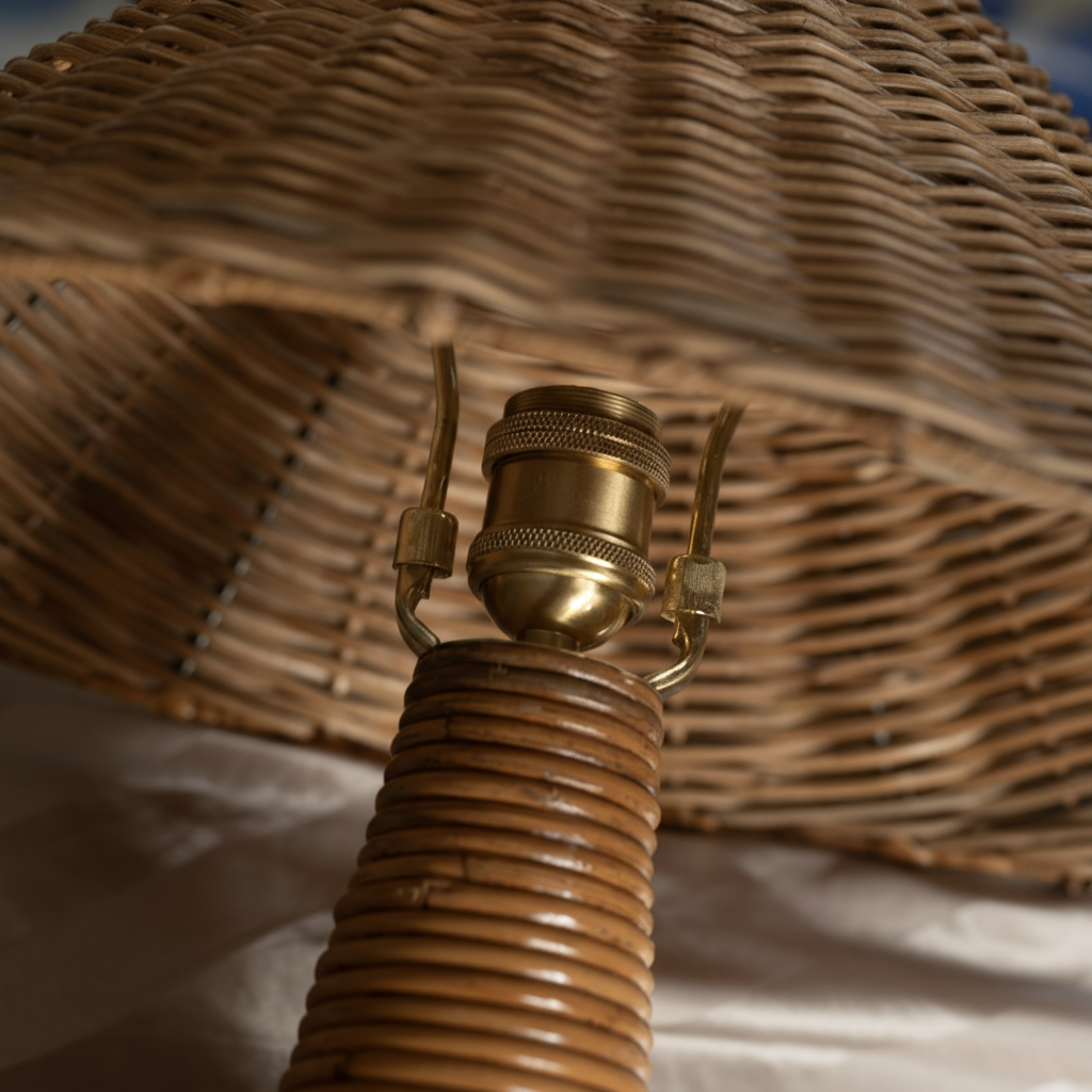 Brass E27 lamp socket fitting detail on woven rattan stem – Shroom 002 Rattan Floor Lamp by Rattanology