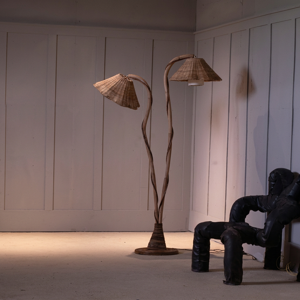 Thalia twin-stem rattan floor lamp with two woven shades beside a black sculptural chair against grey panelled walls.