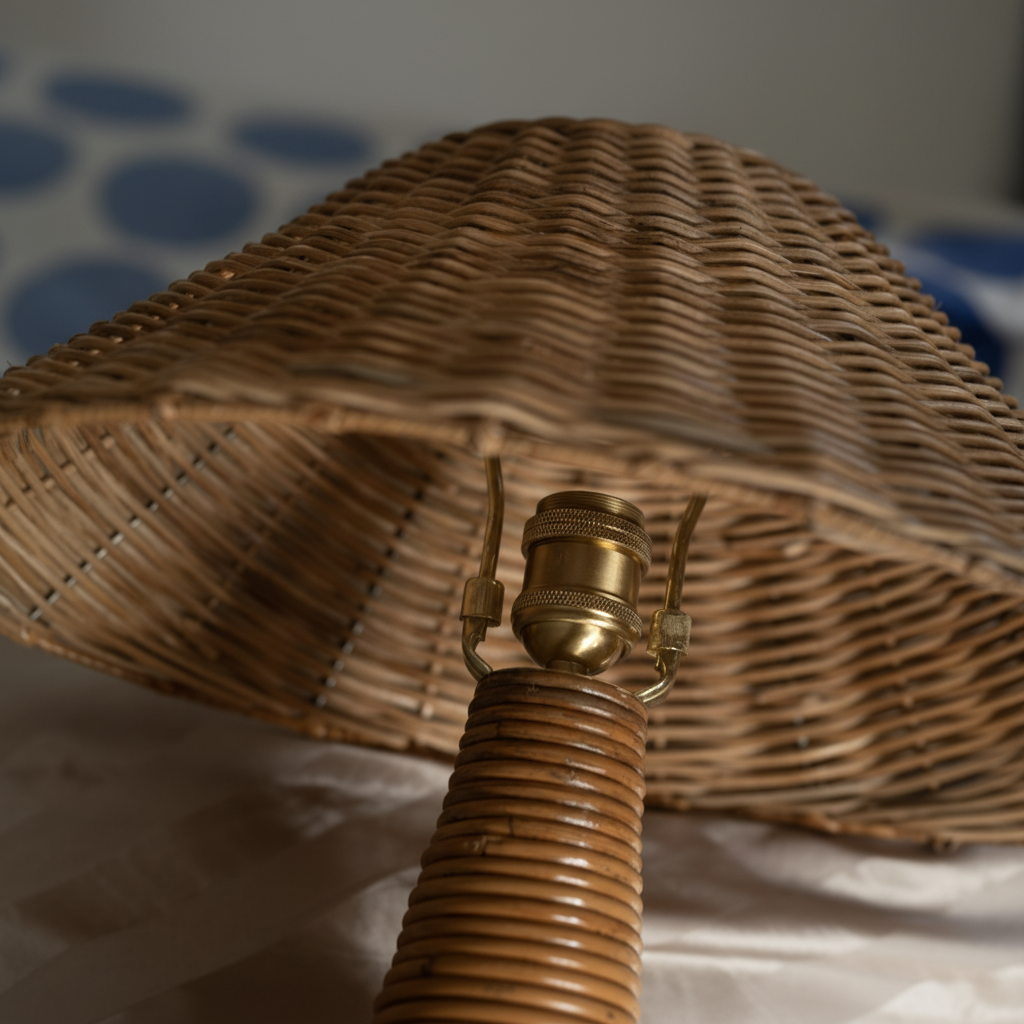 Brass E27 lamp socket fitting detail on woven rattan stem – Shroom Table Lamp Tina by Rattanology