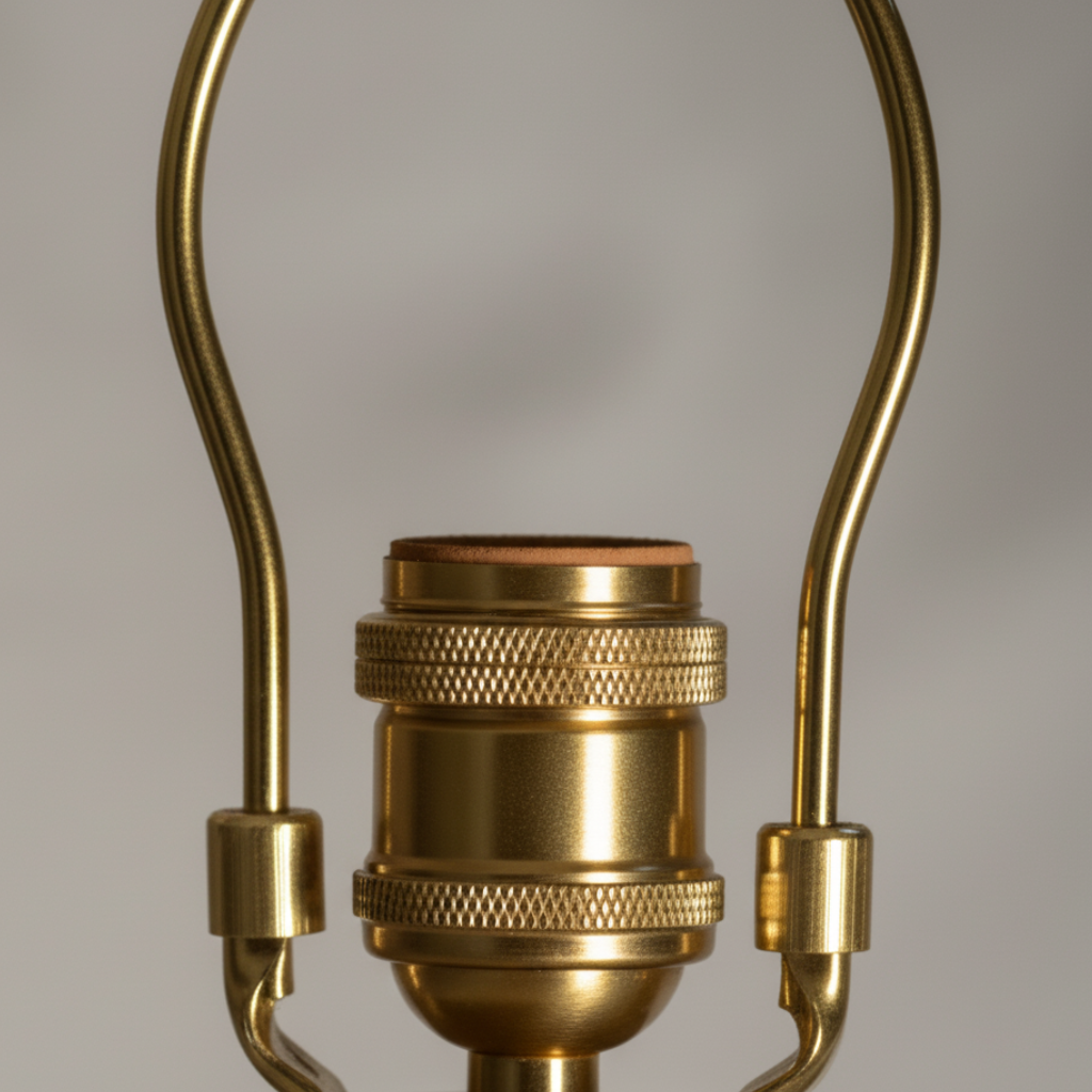 Brass E26/E27 fitting detail — gold powder-coated hardware, Rattanology floor lamp