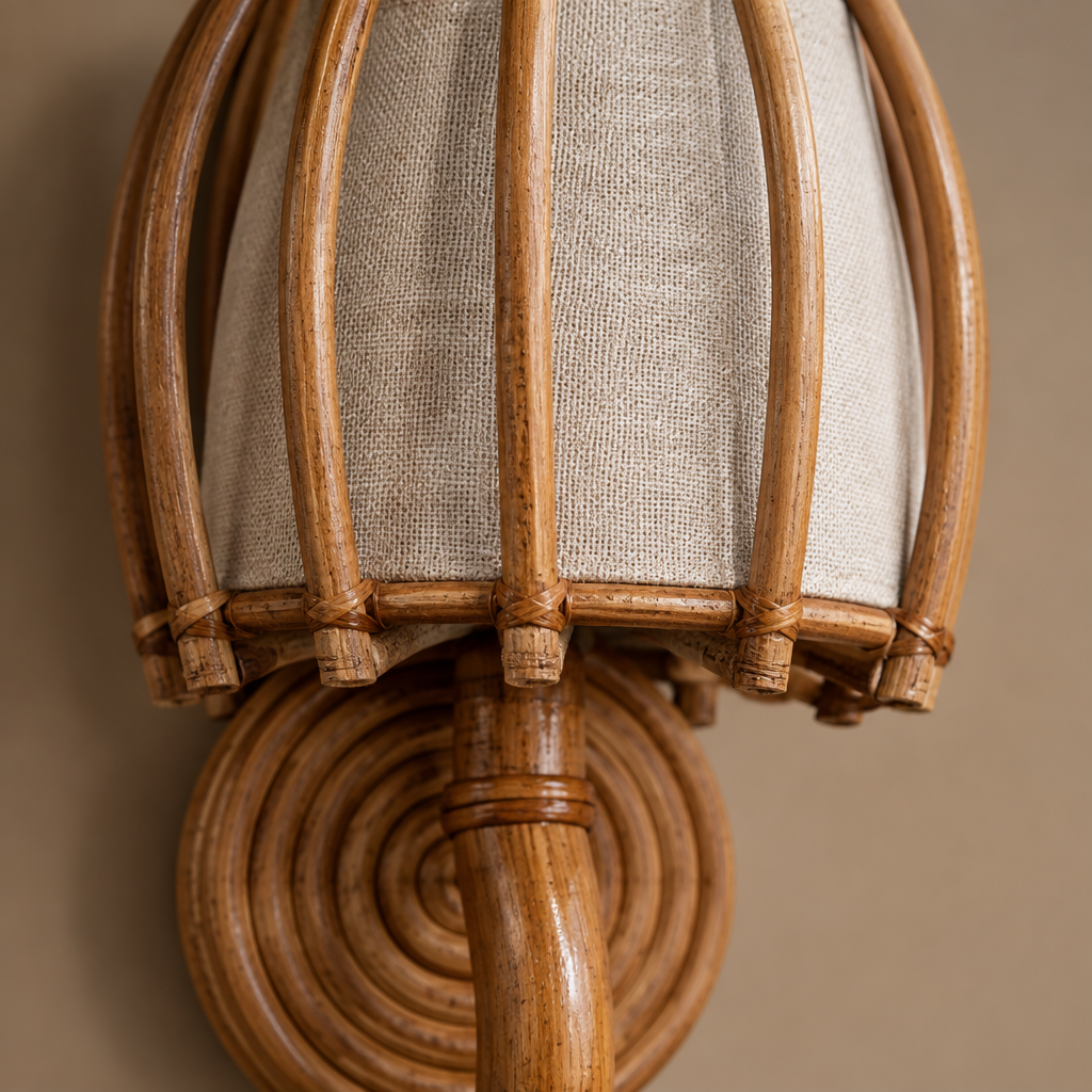 Close-up of hand-bent rattan curved arm and fabric inner shade on Provenance wall sconce — Rattanology