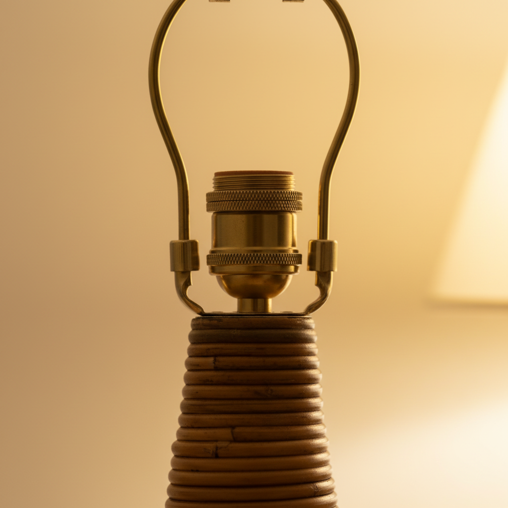 Brass E27 lamp socket fitting detail on woven rattan stem – Shroom 004 Floor Lamp by Rattanology