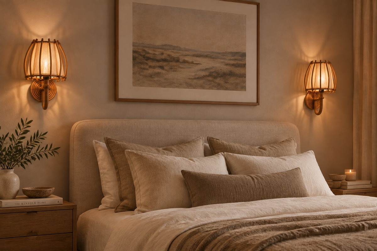 Provenance bent rattan wall sconce pair mounted on bedroom wall with warm ambient glow — Rattanology
