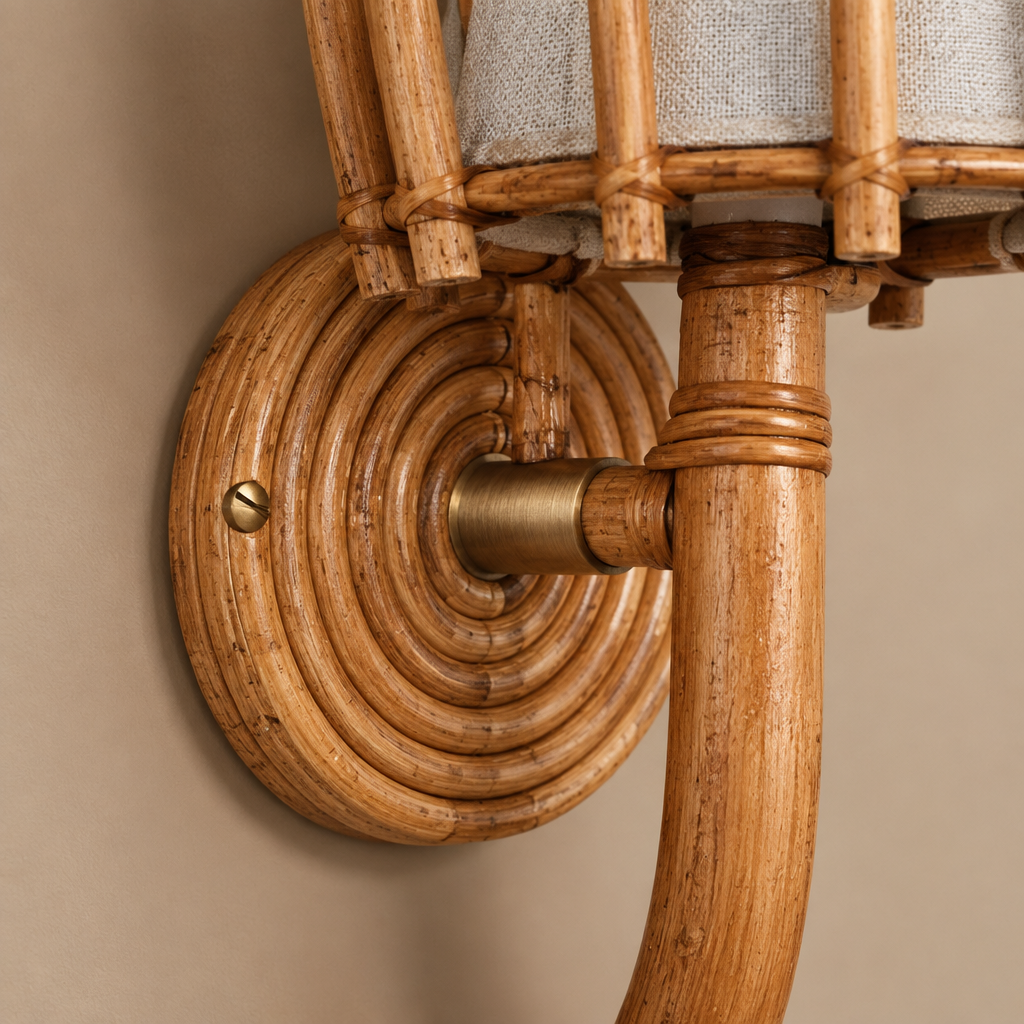 Close-up of circular wall mounting base and fitting hardware on Provenance wall sconce — Rattanology
