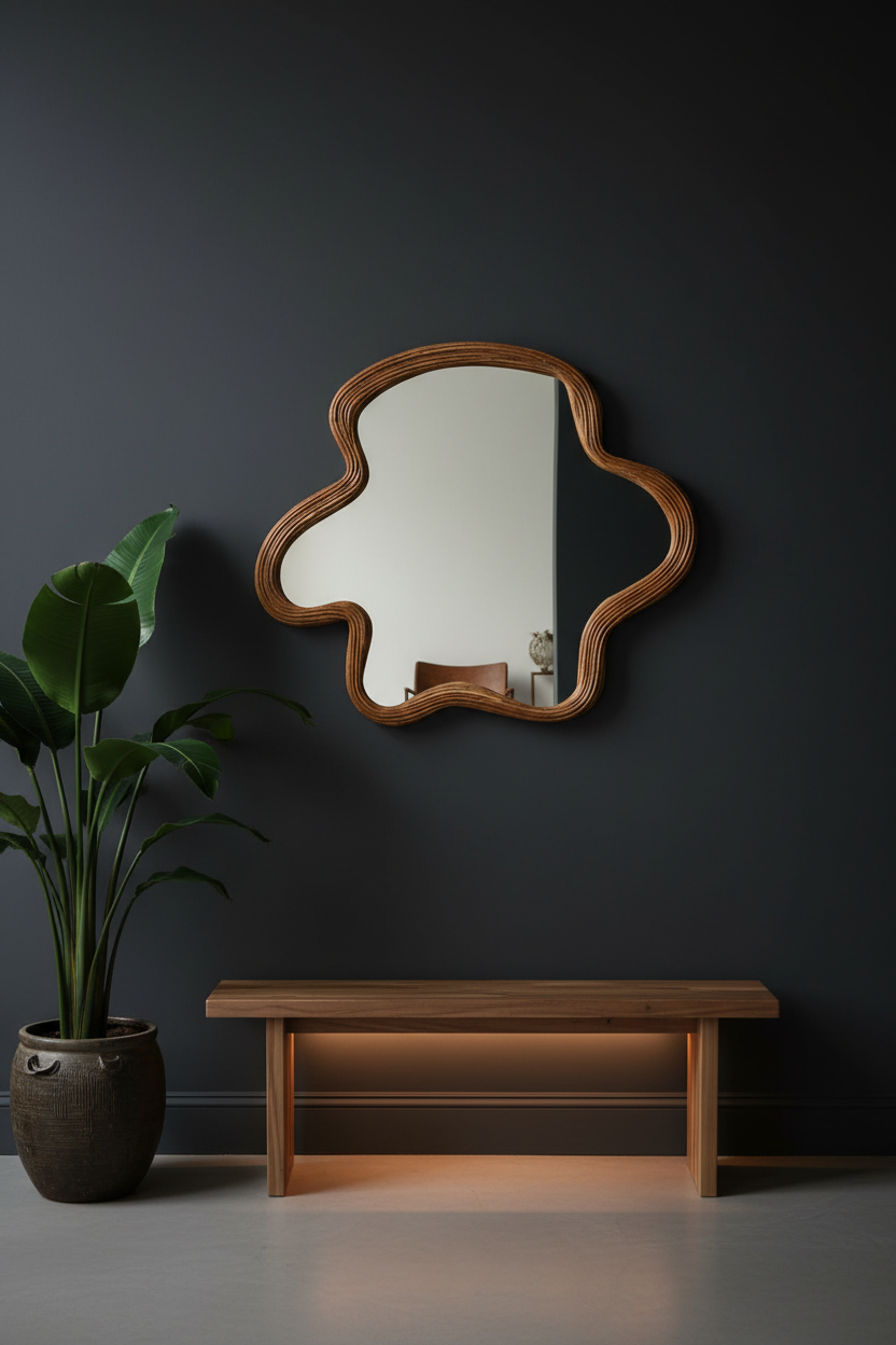 Organic Rattan Mirror in Dark Hallway