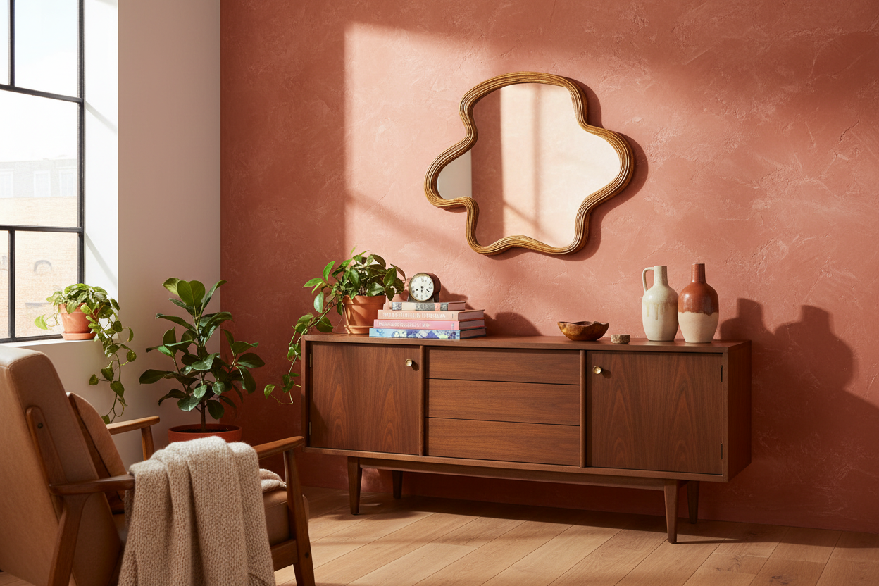 Organic Rattan Mirror in Eclectic Living Room