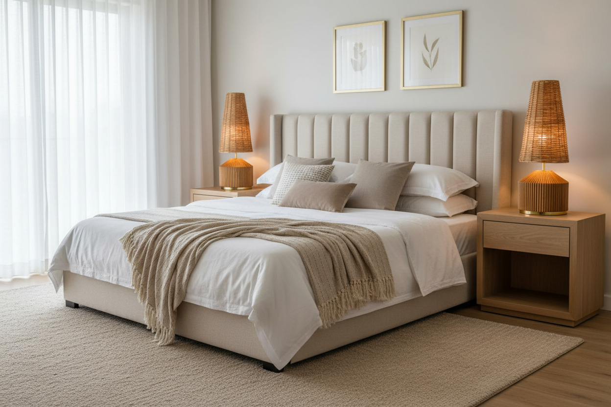 Pair of rattan table lamps in bedroom