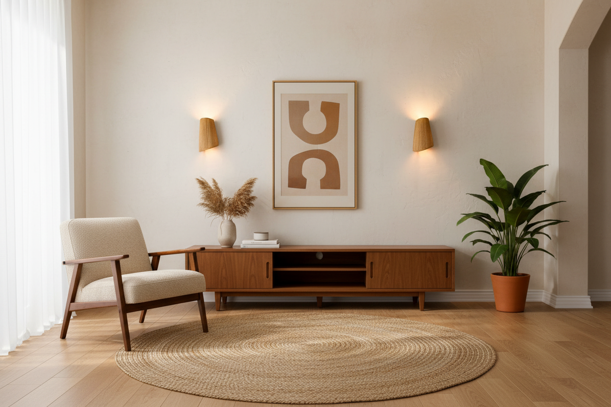 Pair of rattan wall sconces in interior setting