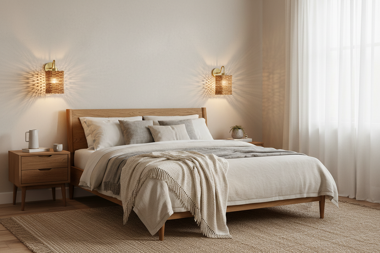 Pair of square rattan and brass wall sconces in bedroom setting