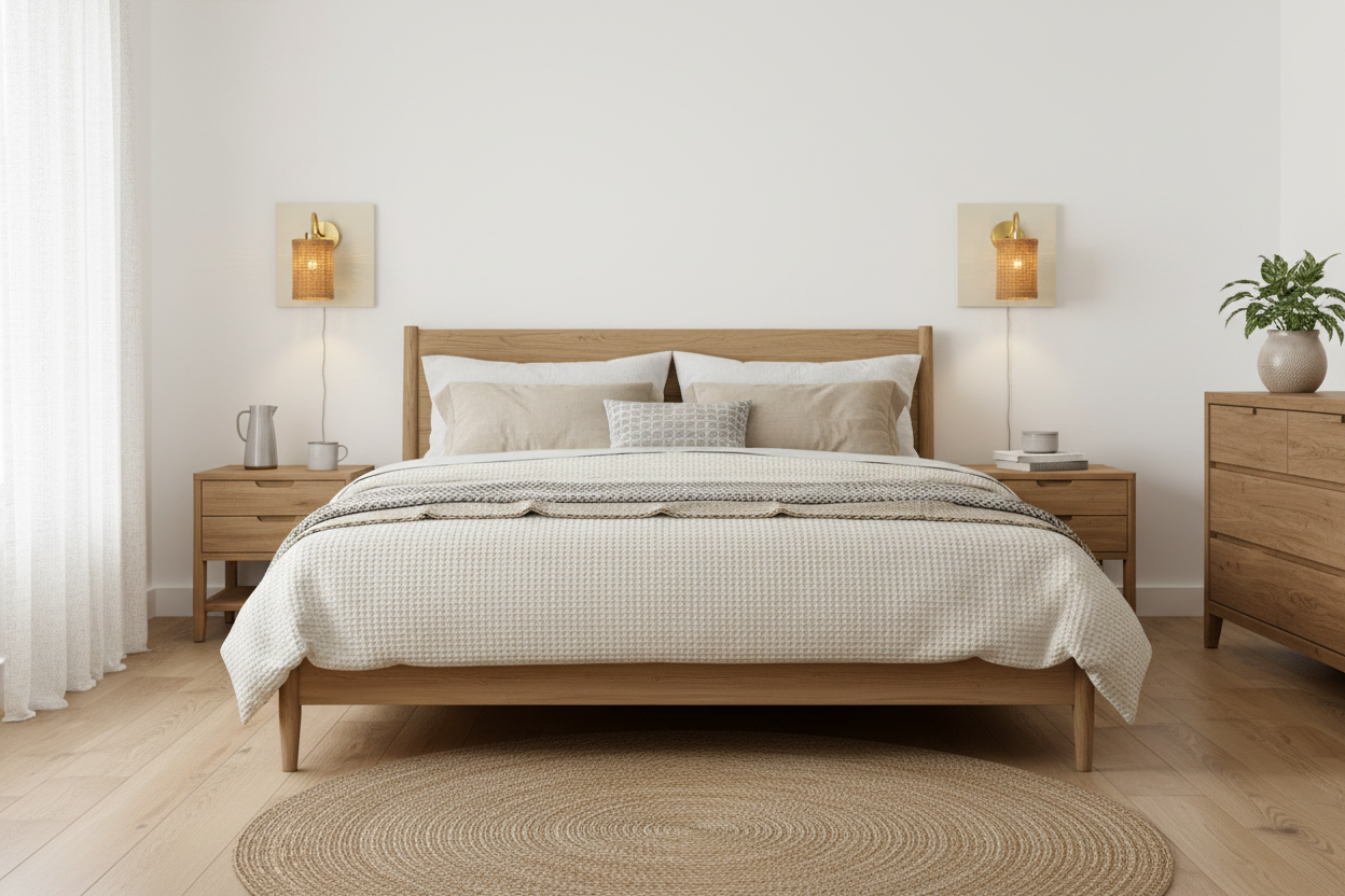 Pair of wicker and brass wall sconces as bedside lamps