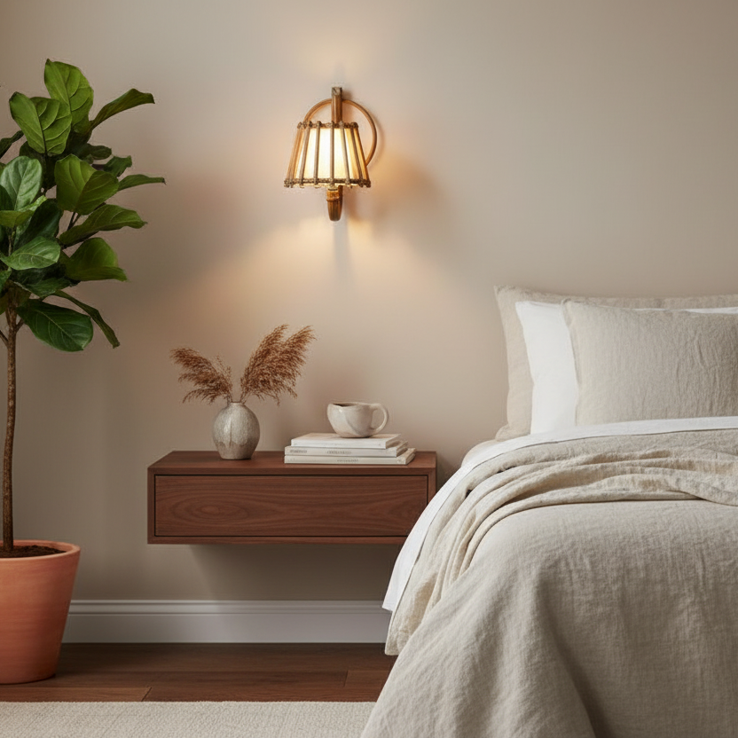 Pencil Reed Rattan Wall Sconce — Styled in Bedroom Setting | Rattanology