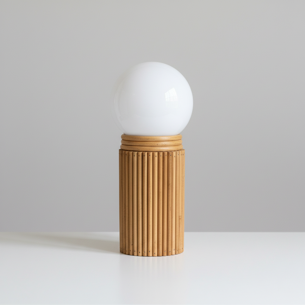 Pencil reed table lamp with white globe on grey background