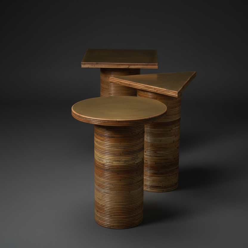 Professional studio photo of rattan side tables with dark grey background