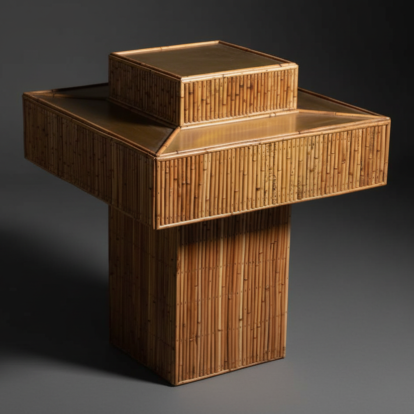 Professional studio photo of rattan table with dark grey background