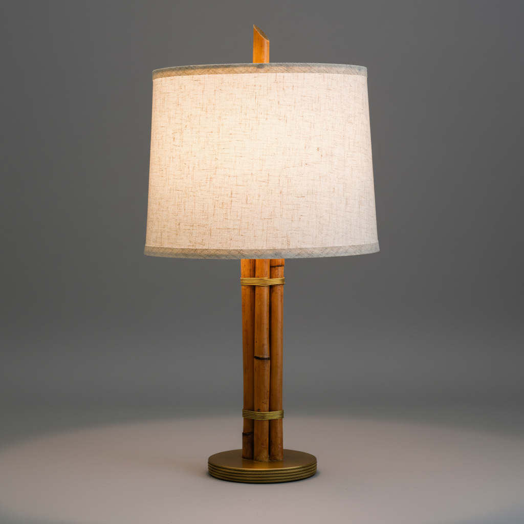 Rattan and brass table lamp on grey background