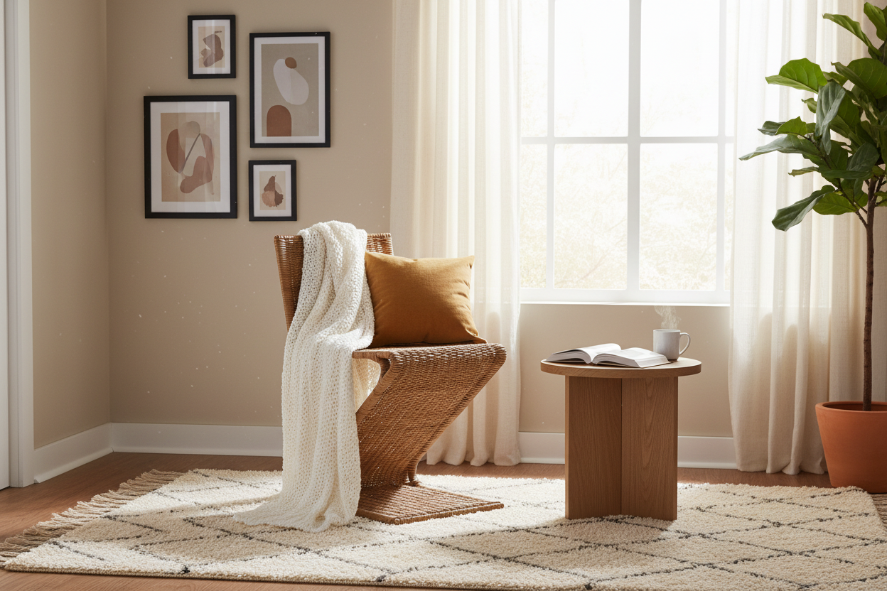 Rattan chair in bedroom setting