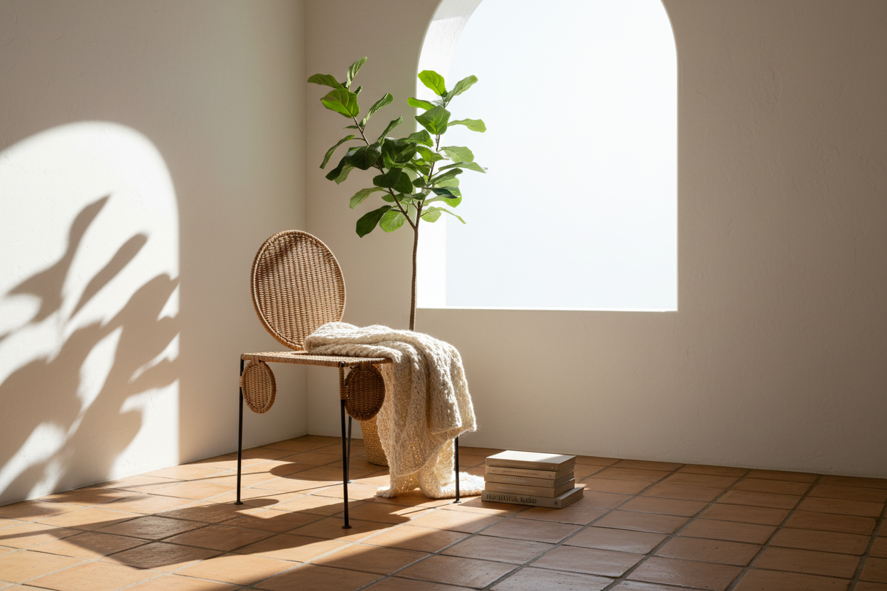 Rattan chair in reading nook