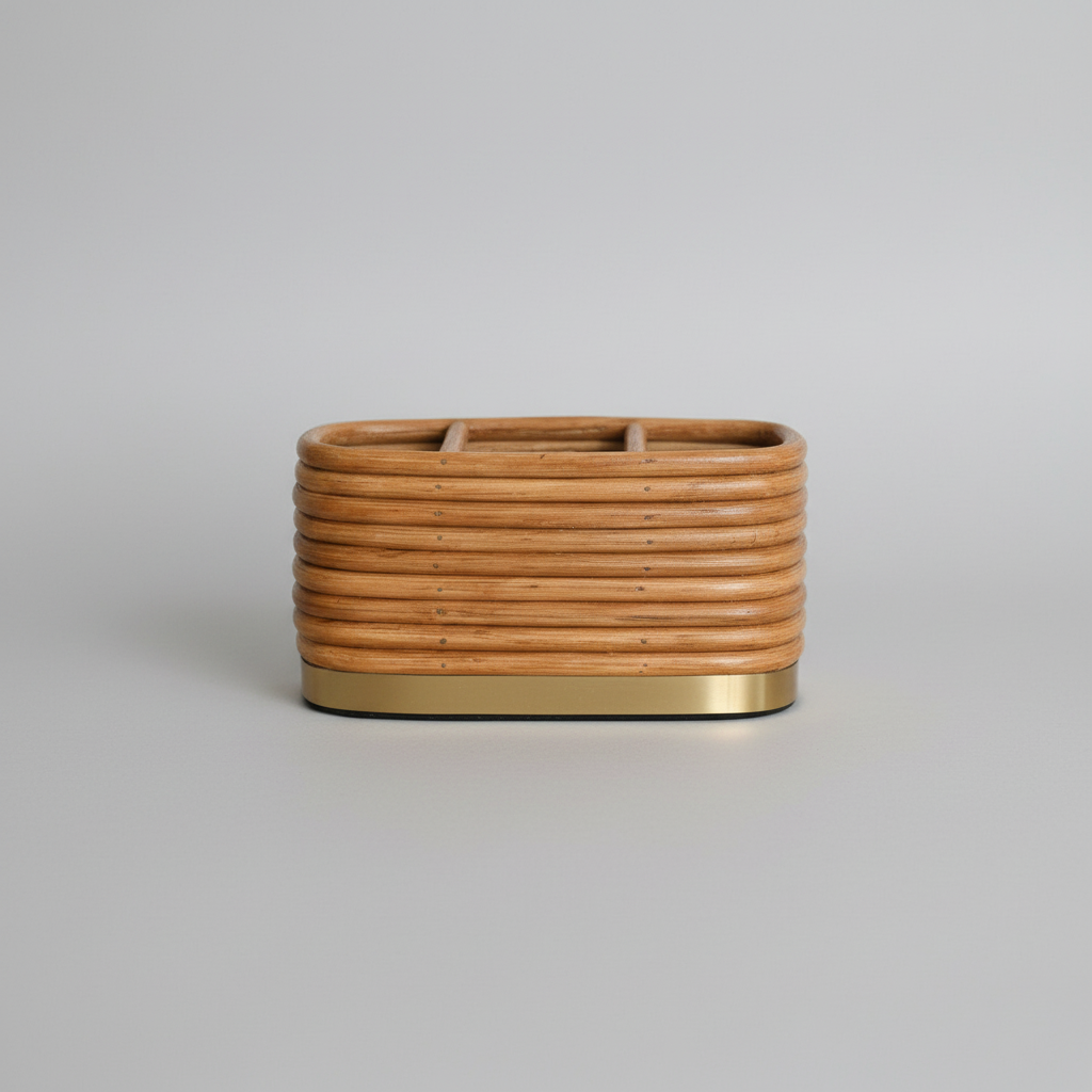 Rattan desk organizer on grey background