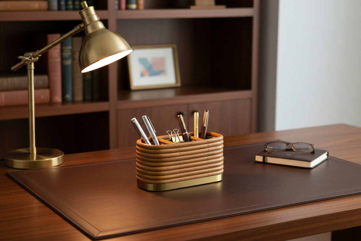 Rattan desk organizer on sophisticated executive desk