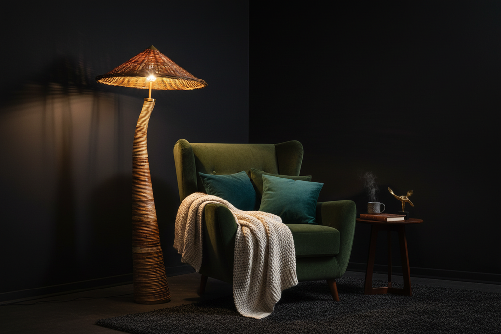 Rattan floor lamp in reading nook with dark walls